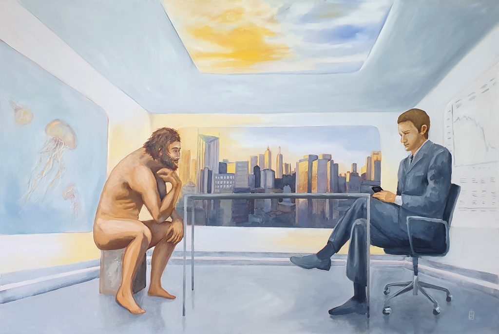 Gemälde zeigt einen Urmenschen und einen Manager