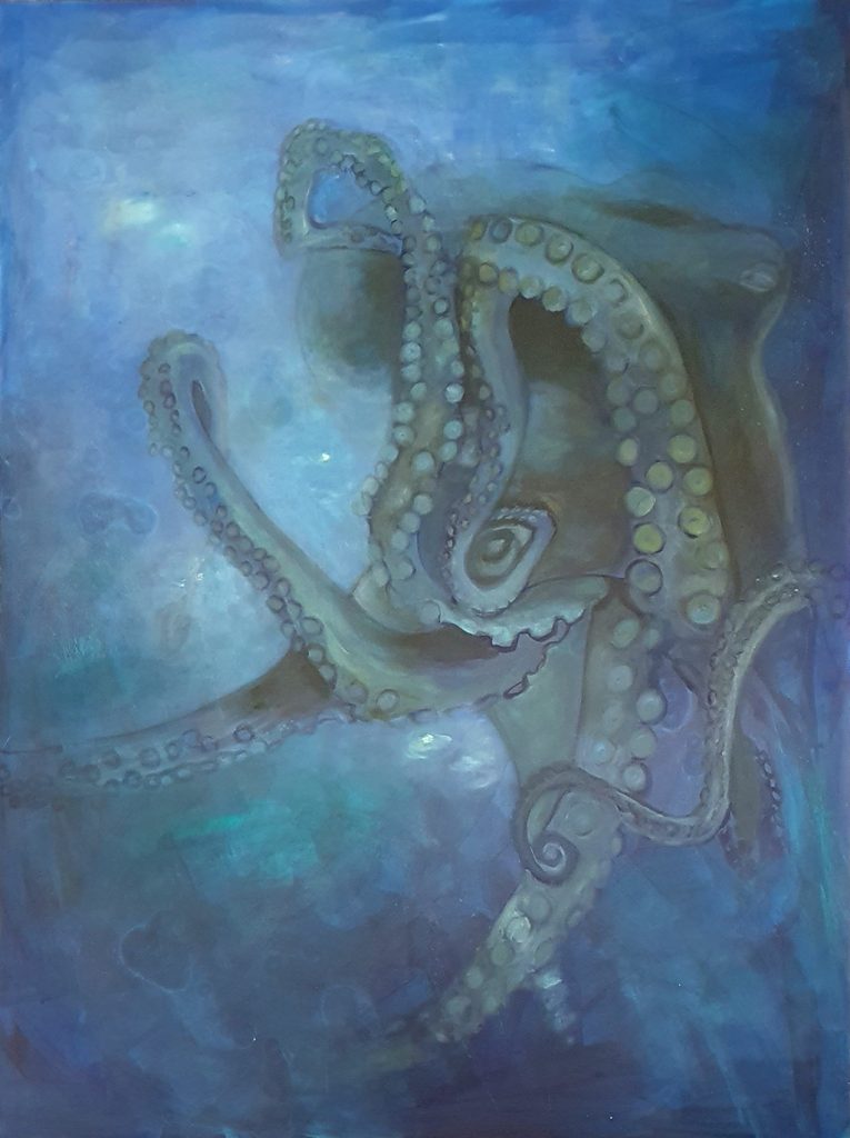 Ein großformatiges Ölgemälde von Ingrid Zeeb in Blau- und Grüntönen, das einen Oktopus zeigt