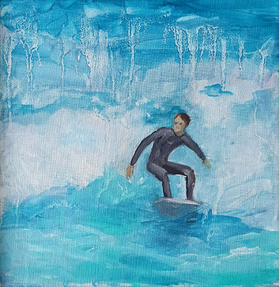 Kleines Ölgemälde, das einen Surfer zeigt