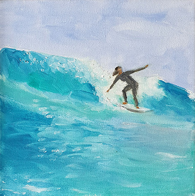 Kleines Ölgemälde, das eine Surferin zeigt