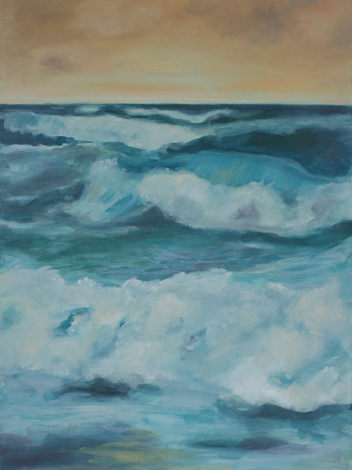 Gemälde des Meeres mit orangem Himmel