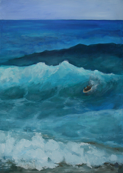 Gemälde des aufgewühlten Meeres mit einem kleinen Schlauchboot