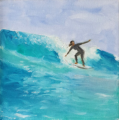 Kleines Ölbild zeigt eine Surferin