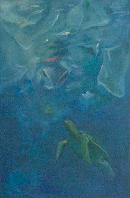 Gemälde einer Schildkröte mit Plastikmüll