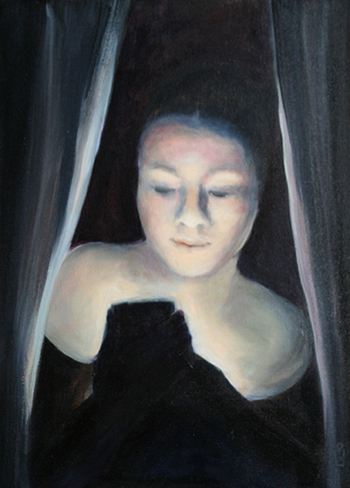 Gemälde einer jungen Frau mit Handy in Licht-Schatten-Wirkung