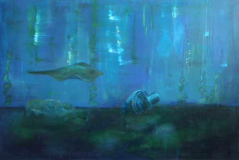 Gemälde,das eine Unterwasserszene mit einem Schiffswrack und einem Rochen zeigt