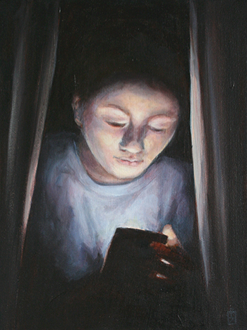 Gemälde einer jungen Frau mit Handy