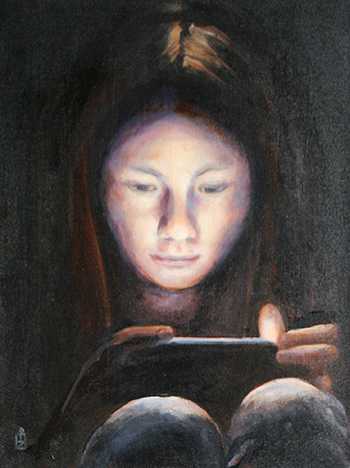 Gemälde einer konzentrierten jungen Frau mit Handy