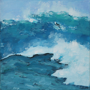 Kleines Ölbild zeigt aufgewühltes Meer mit schwimmendem Surfer