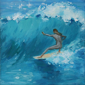 Kleines Ölbild zeigt eine Surferin von hinten