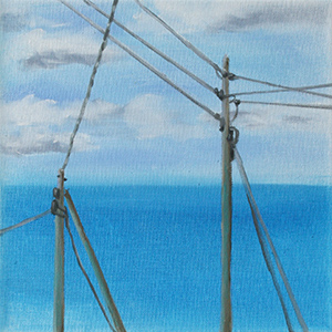 Kleines Gemälde mit Strommasten und Meer