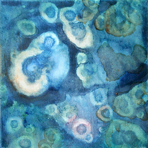 Kleines abstraktes Gemälde in intensiven Blau- und Grüntönen