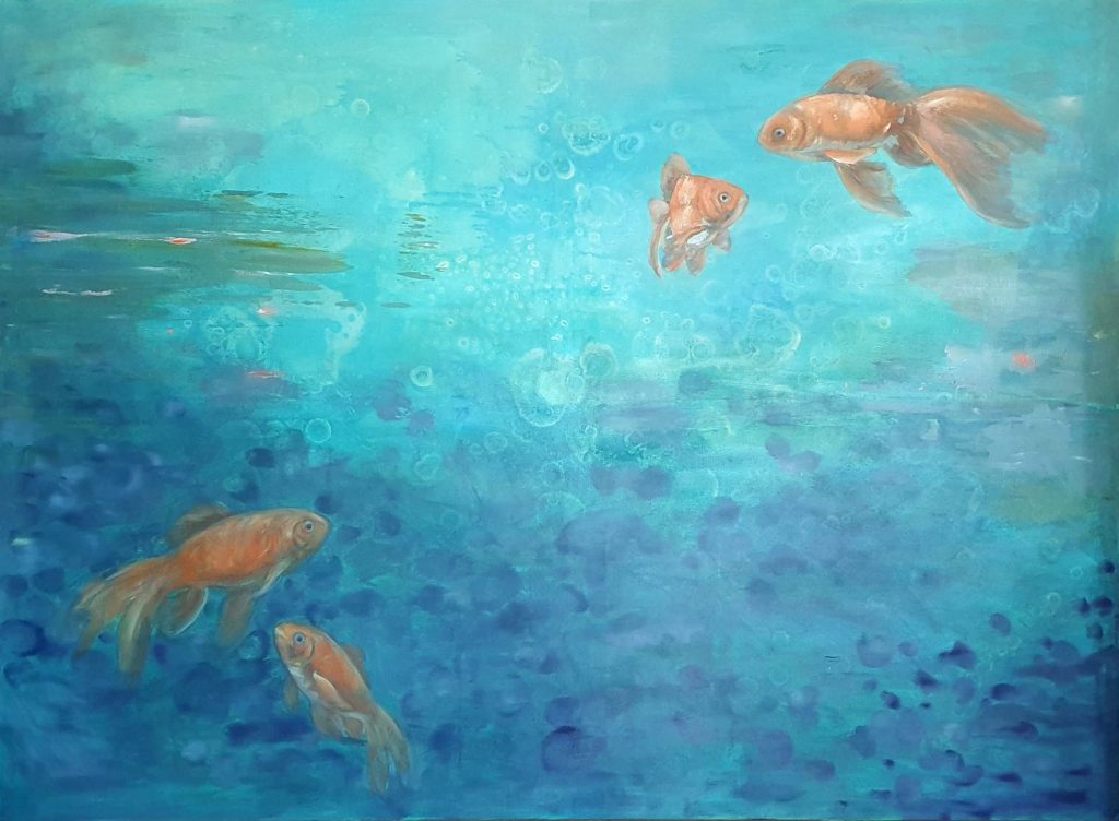 verschleierte_wahrnehmung Großformatiges Gemälde mit Goldfischen