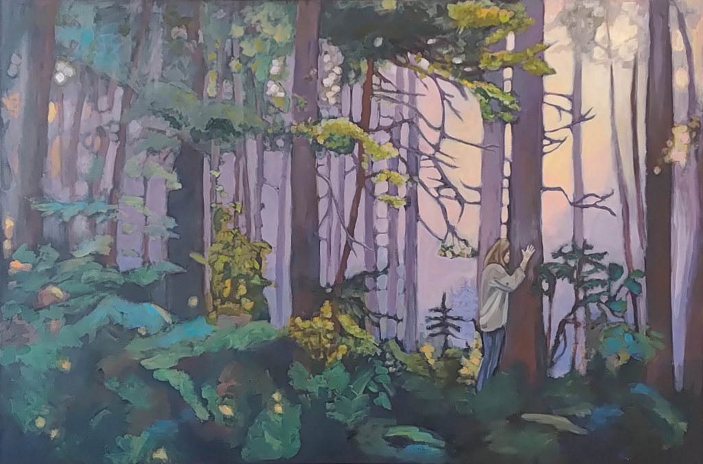 Das Gemälde einer Frau im Wald in Grün- und Lilatönen