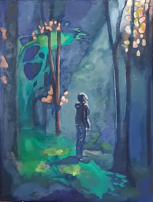 Ein mystisch wirkendes Gemälde einer jungen Frau im Wald
