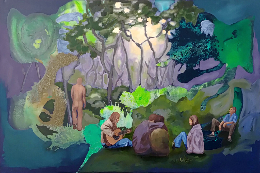 Ein surrealistisches Gemälde mit jungen Menschen im Wald
