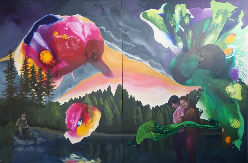 Großes zweiteiliges Gemälde mit mehreren Personen in surrealer Landschaft