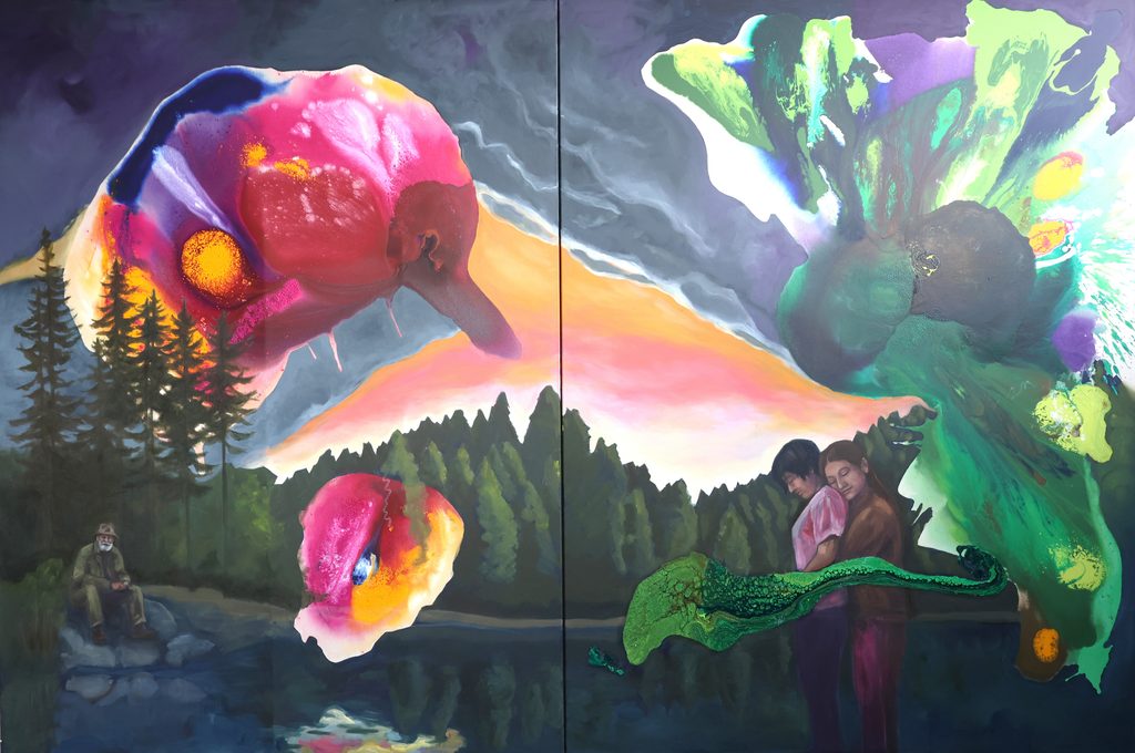 Lichtung-Diptychon_final Großes zweiteiliges Gemälde mit mehreren Personen in surrealer Landschaft